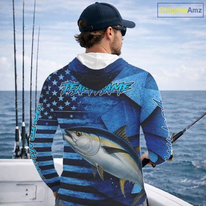 Tuna Hooded Fishing Shirts Long Sleeve With American Flag, Personalized Tuna Fishing Gift For Father Days NHT684