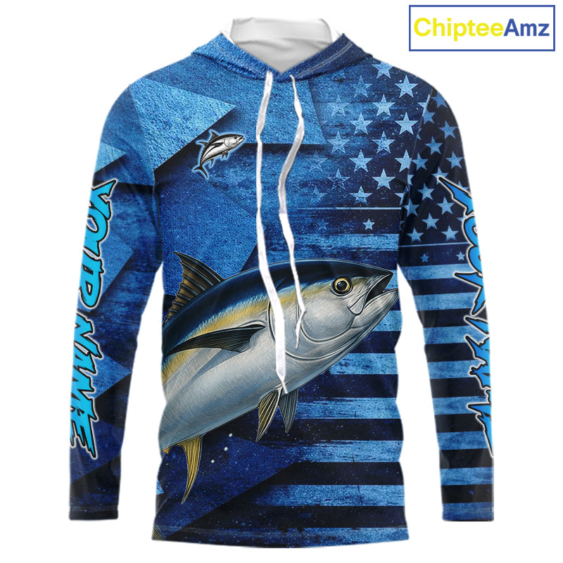 Tuna Hooded Fishing Shirts Long Sleeve With American Flag, Personalized Tuna Fishing Gift For Father Days NHT684