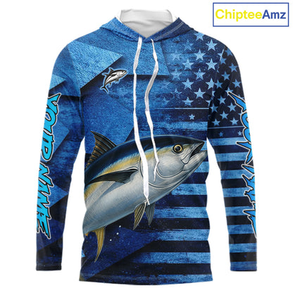 Tuna Hooded Fishing Shirts Long Sleeve With American Flag, Personalized Tuna Fishing Gift For Father Days NHT684