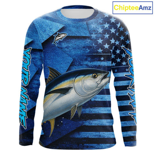 Tuna Fishing Shirts Long Sleeve With American Flag, Personalized Tuna Fishing Gift For Father Days NHT684
