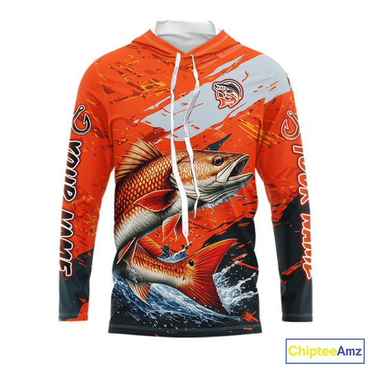 Custom Redfish Fishing Tournament Jerseys, Red Drum Orange Hooded Fishing Shirts Long Sleeve  NHT572