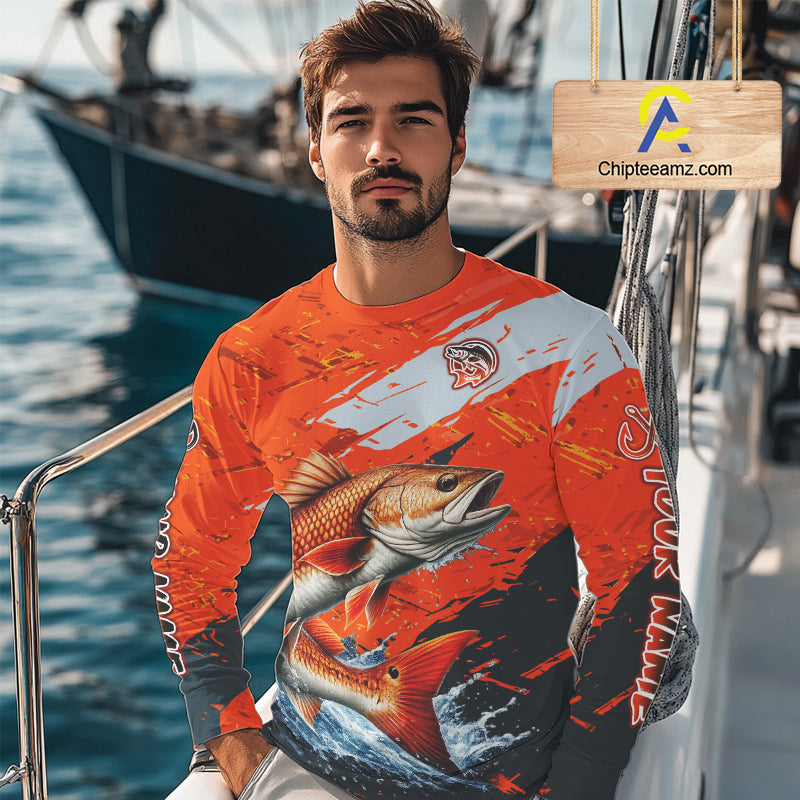 Custom Redfish Fishing Tournament Jerseys, Red Drum Orange Fishing Shirts Long Sleeve  NHT572
