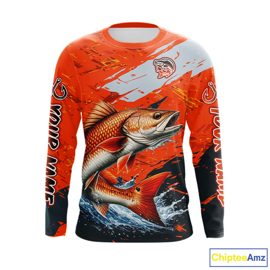 Custom Redfish Fishing Tournament Jerseys, Red Drum Orange Fishing Shirts Long Sleeve  NHT572