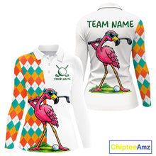 Load image into Gallery viewer, Funny Flamingo Womens Golf Polo Shirts Colorful Argyle Pattern Custom Name, Golf Gifts NBT562