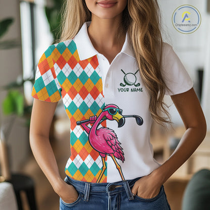 Funny Flamingo Womens Golf Polo Shirts Colorful Argyle Pattern Custom Name, Golf Gifts NBT562
