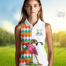 Load image into Gallery viewer, Funny Flamingo Womens Sleeveless Golf Polo Shirts Colorful Argyle Pattern Custom Name, Golf Gifts NBT562