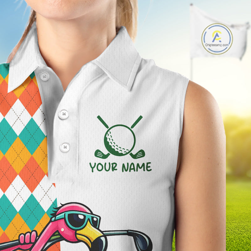 Funny Flamingo Womens Sleeveless Golf Polo Shirts Colorful Argyle Pattern Custom Name, Golf Gifts NBT562