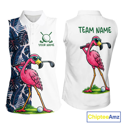 Funny Flamingo Womens Sleeveless Golf Polo Shirts Blue Tropical Flamingo Custom Name, Golf Gifts NBT563