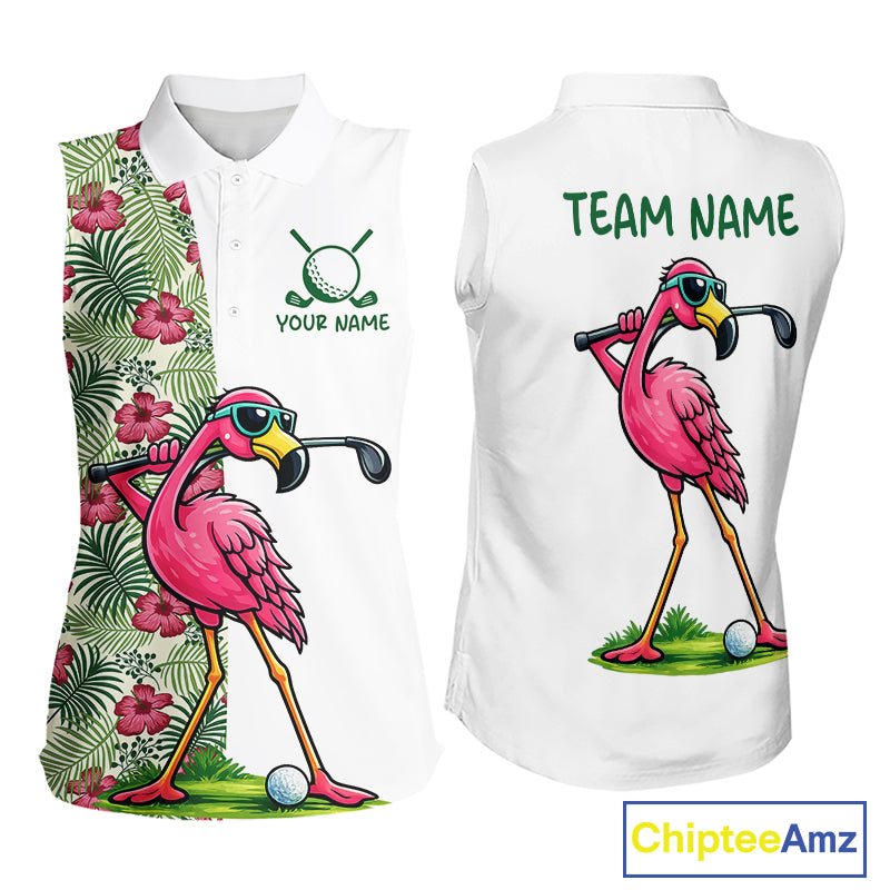 Funny Flamingo Womens Sleeveless Golf Polo Shirts Floral Tropical Leaf Flamingo Custom Name, Golf Gifts NBT564
