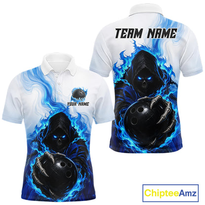 Blue White Grim Reaper Bowling Shirt For Men Custom Team League Bowling Jersey Polo, 1/4 Zip NBT1132