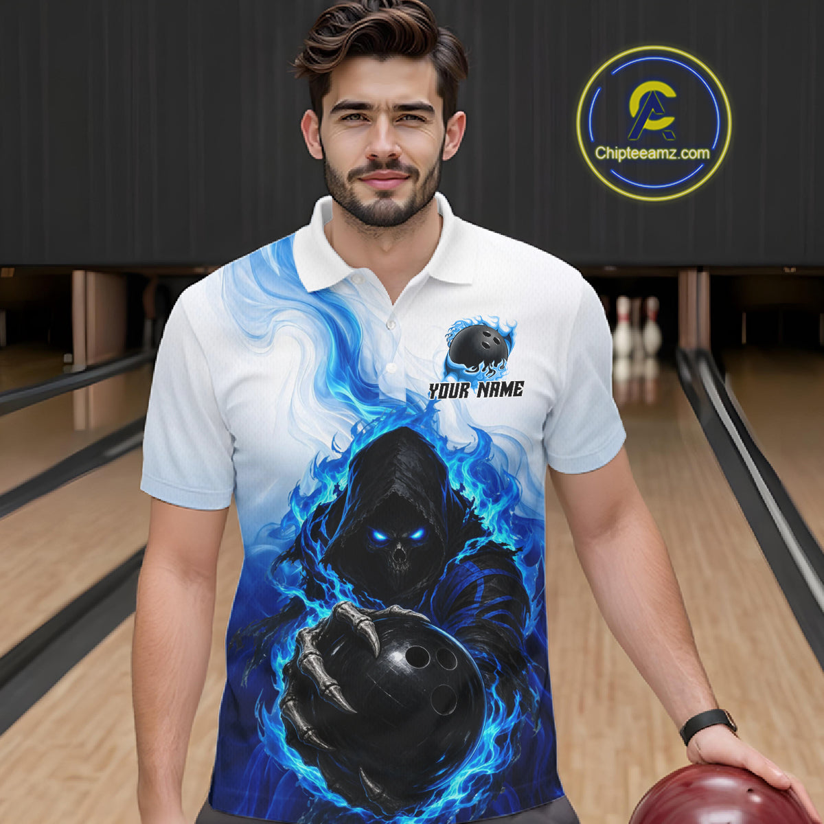 Blue White Grim Reaper Bowling Shirt For Men Custom Team League Bowling Jersey Polo, 1/4 Zip NBT1132