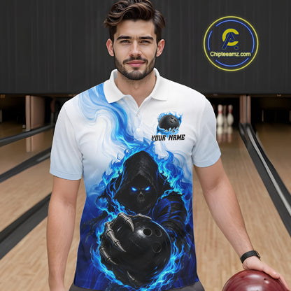 Blue White Grim Reaper Bowling Shirt For Men Custom Team League Bowling Jersey Polo, 1/4 Zip NBT1132