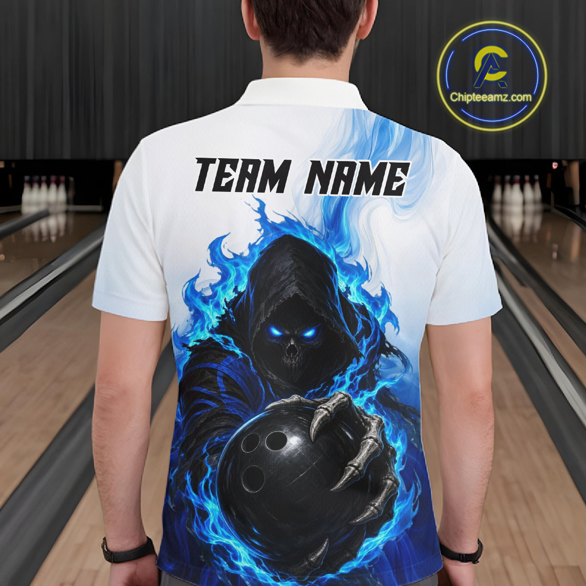 Blue White Grim Reaper Bowling Shirt For Men Custom Team League Bowling Jersey Polo, 1/4 Zip NBT1132