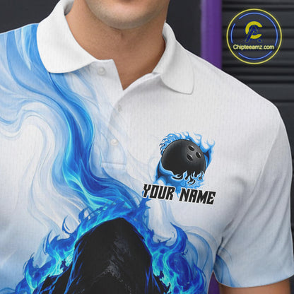 Blue White Grim Reaper Bowling Shirt For Men Custom Team League Bowling Jersey Polo, 1/4 Zip NBT1132