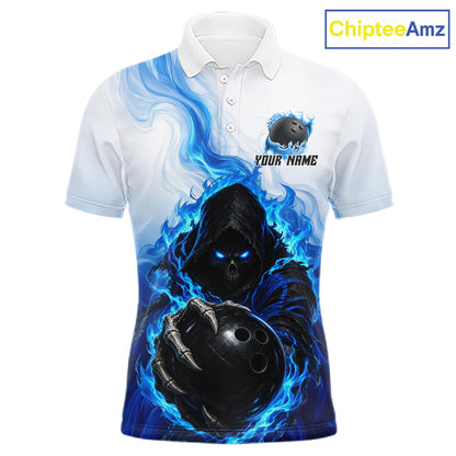 Blue White Grim Reaper Bowling Shirt For Men Custom Team League Bowling Jersey Polo, 1/4 Zip NBT1132