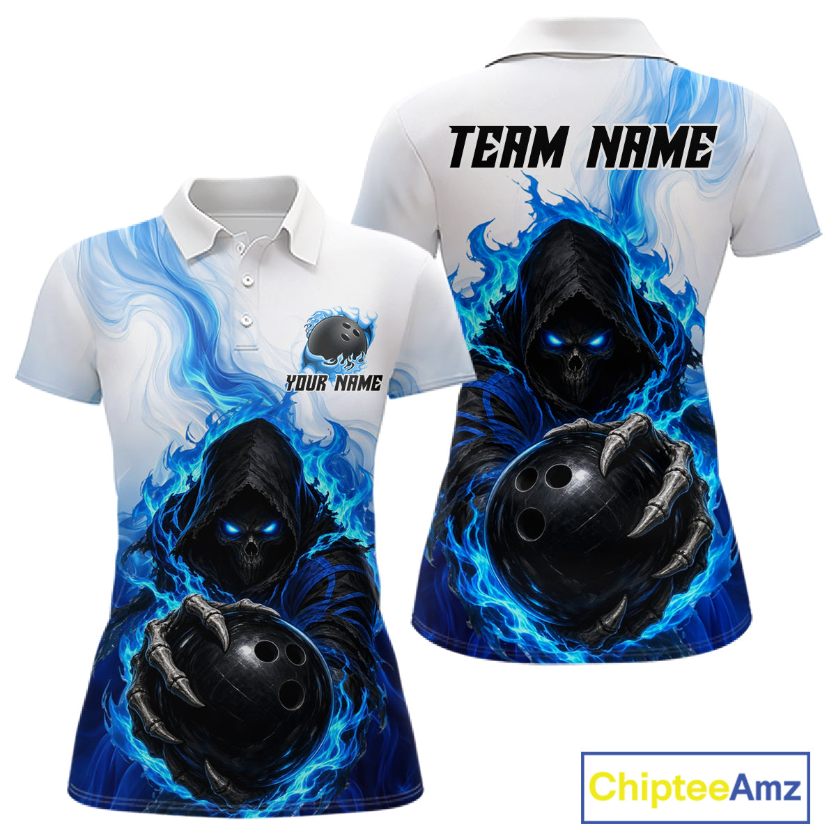 Blue White Grim Reaper Bowling Shirt For Women Custom Team League Bowling Jersey Polo, 1/4 Zip NBT1132