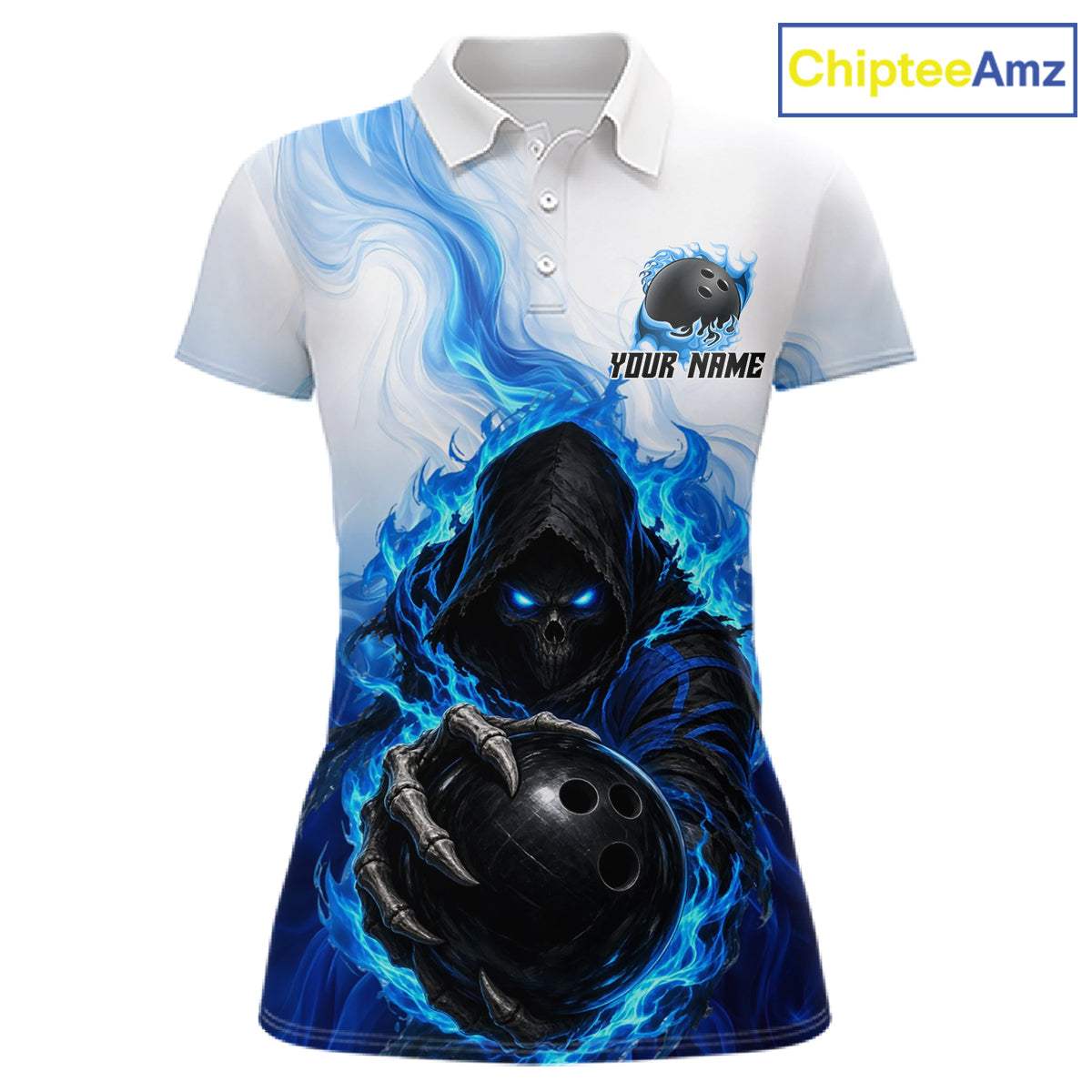 Blue White Grim Reaper Bowling Shirt For Women Custom Team League Bowling Jersey Polo, 1/4 Zip NBT1132