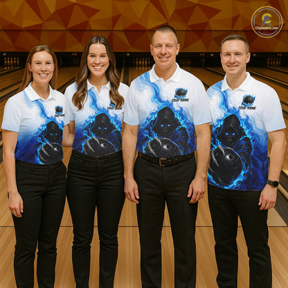 Blue White Grim Reaper Bowling Shirt For Men Custom Team League Bowling Jersey Polo, 1/4 Zip NBT1132
