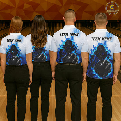 Blue White Grim Reaper Bowling Shirt For Men Custom Team League Bowling Jersey Polo, 1/4 Zip NBT1132
