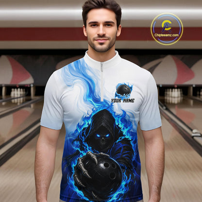 Blue White Grim Reaper Bowling Shirt For Men Custom Team League Bowling Jersey Polo, 1/4 Zip NBT1132