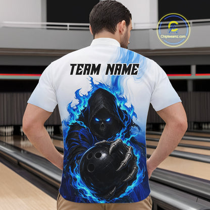 Blue White Grim Reaper Bowling Shirt For Men Custom Team League Bowling Jersey Polo, 1/4 Zip NBT1132