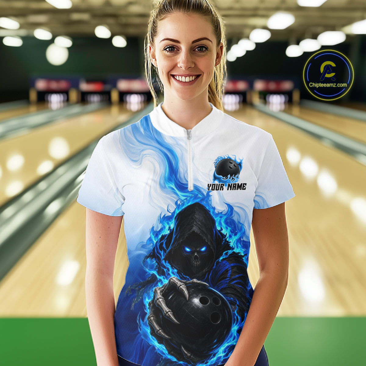 Blue White Grim Reaper Bowling Shirt For Women Custom Team League Bowling Jersey Polo, 1/4 Zip NBT1132