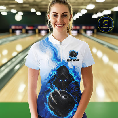 Blue White Grim Reaper Bowling Shirt For Women Custom Team League Bowling Jersey Polo, 1/4 Zip NBT1132