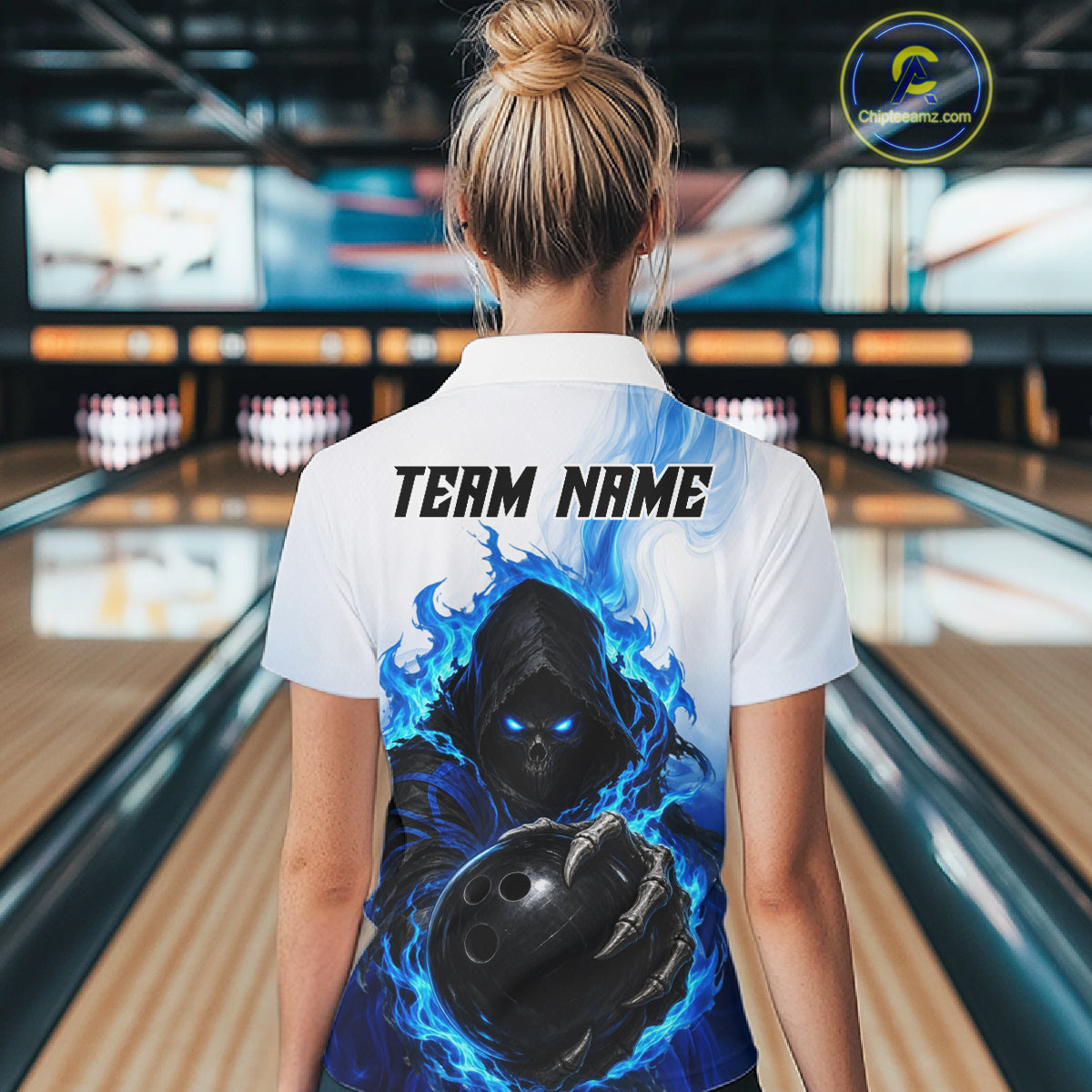 Blue White Grim Reaper Bowling Shirt For Women Custom Team League Bowling Jersey Polo, 1/4 Zip NBT1132