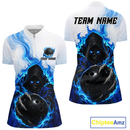 Blue White Grim Reaper Bowling Shirt For Women Custom Team League Bowling Jersey Polo, 1/4 Zip NBT1132