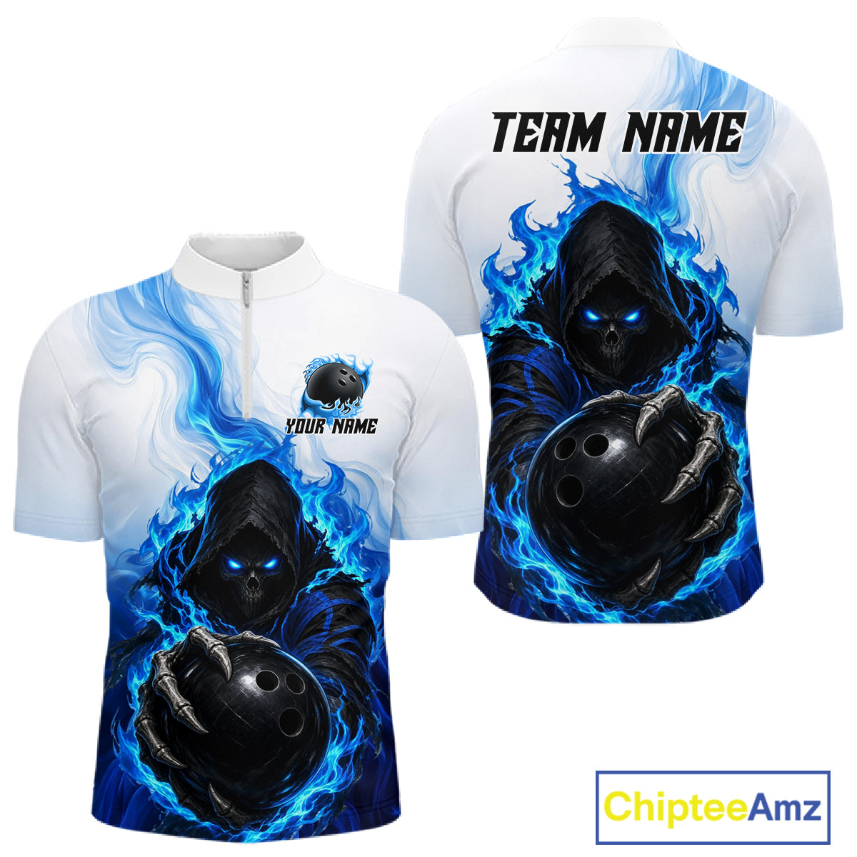 Blue White Grim Reaper Bowling Shirt For Men Custom Team League Bowling Jersey Polo, 1/4 Zip NBT1132