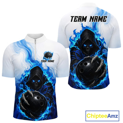 Blue White Grim Reaper Bowling Shirt For Men Custom Team League Bowling Jersey Polo, 1/4 Zip NBT1132