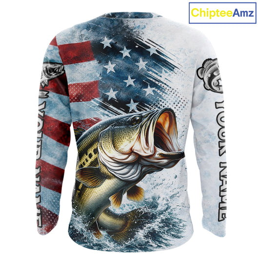 American Flag Custom Bass Fishing Shirts Long Sleeve, Patriotic Fishing Shirt NBT447