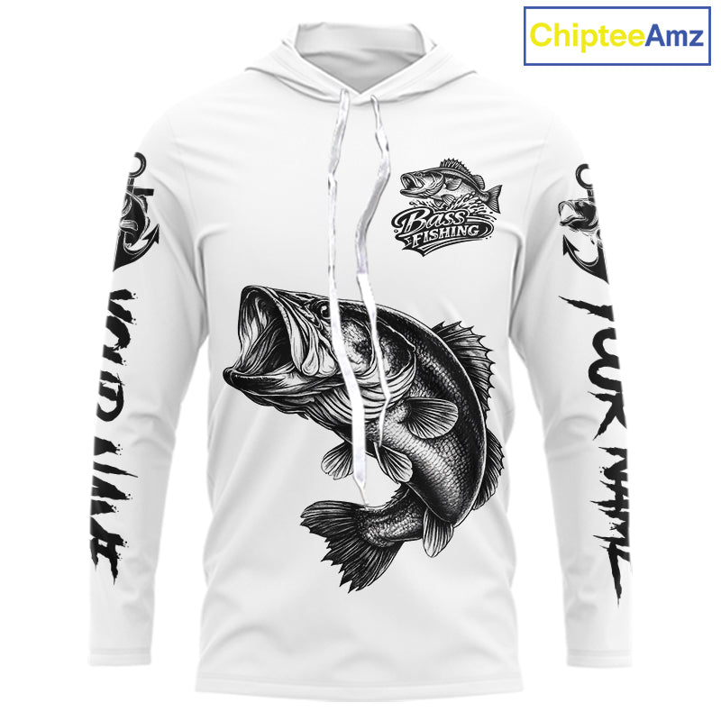 White Bass Fishing Tattoo Custom Fishing Shirts with Hood, Bass Fishing Shirts Long Sleeve NBT451