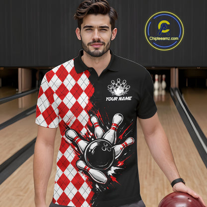Retro Black Red Argyle Pattern Bowling Shirts For Men Custom Bowling Team Jerseys Bowler Outfits NBT1134