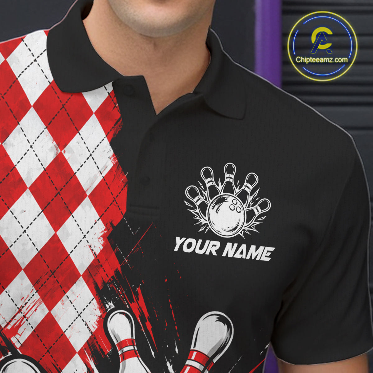 Retro Black Red Argyle Pattern Bowling Shirts For Men Custom Bowling Team Jerseys Bowler Outfits NBT1134