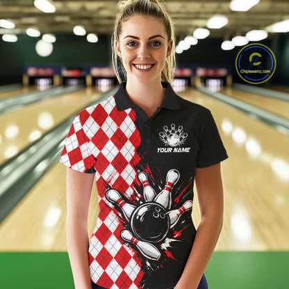 Retro Black Red Argyle Pattern Bowling Shirts For Women Custom Bowling Team Jerseys Bowler Outfits NBT1134