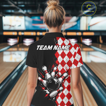 Retro Black Red Argyle Pattern Bowling Shirts For Women Custom Bowling Team Jerseys Bowler Outfits NBT1134