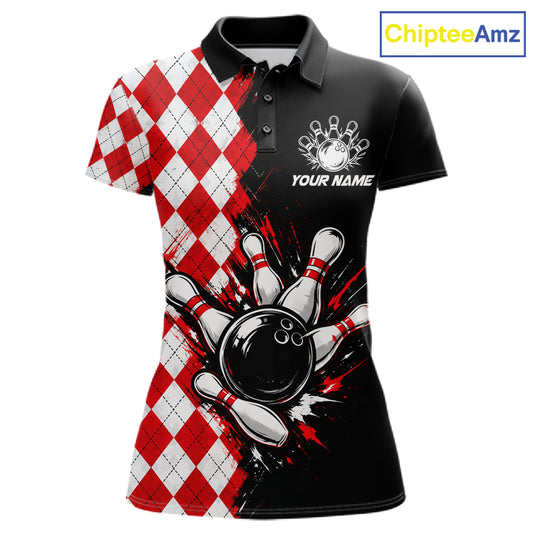Retro Black Red Argyle Pattern Bowling Shirts For Women Custom Bowling Team Jerseys Bowler Outfits NBT1134