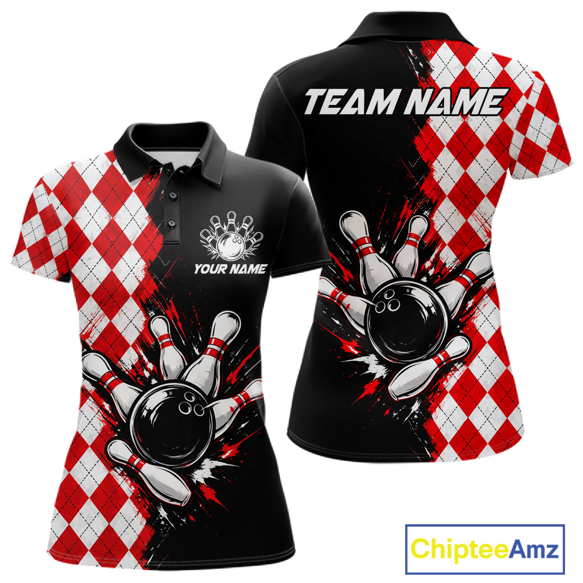 Retro Black Red Argyle Pattern Bowling Shirts For Women Custom Bowling Team Jerseys Bowler Outfits NBT1134