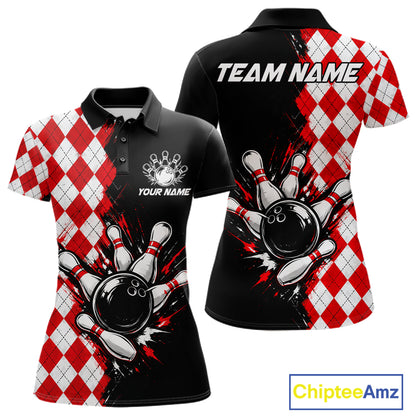 Retro Black Red Argyle Pattern Bowling Shirts For Women Custom Bowling Team Jerseys Bowler Outfits NBT1134