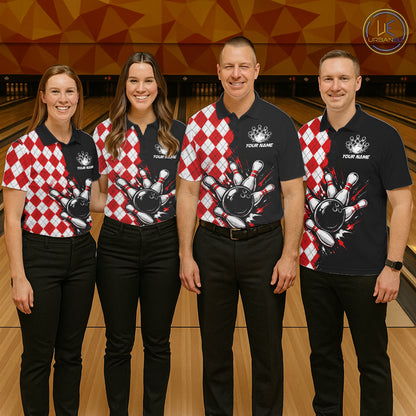 Retro Black Red Argyle Pattern Bowling Shirts For Men Custom Bowling Team Jerseys Bowler Outfits NBT1134
