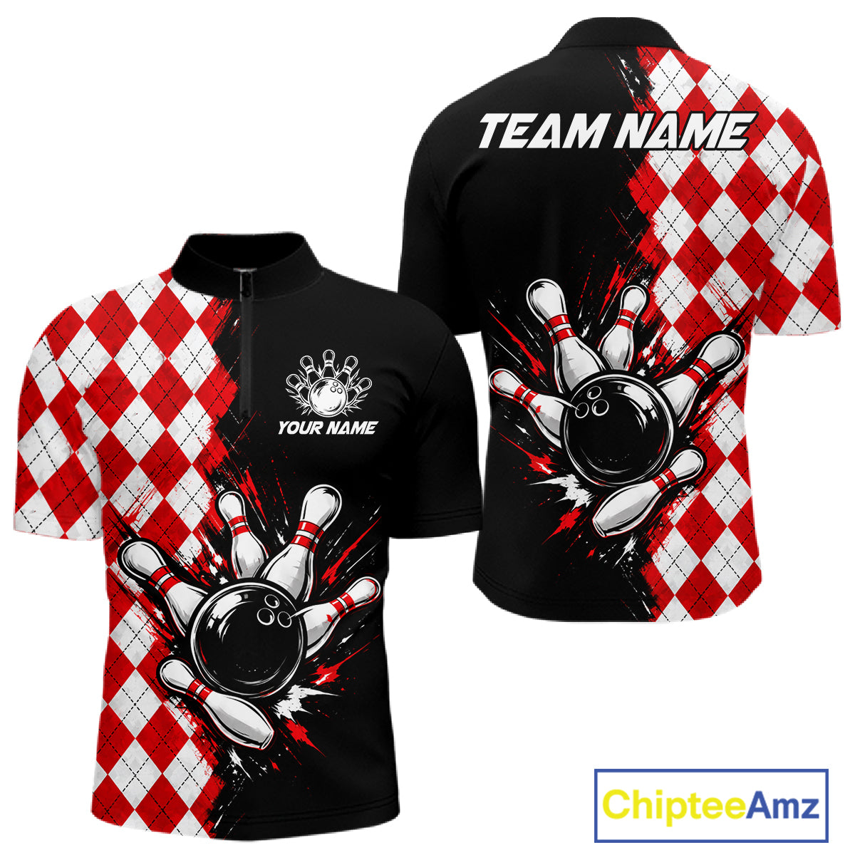 Retro Black Red Argyle Pattern Bowling Shirts For Men Custom Bowling Team Jerseys Bowler Outfits NBT1134