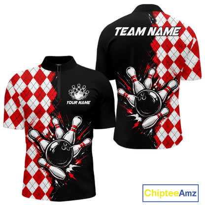 Retro Black Red Argyle Pattern Bowling Shirts For Men Custom Bowling Team Jerseys Bowler Outfits NBT1134
