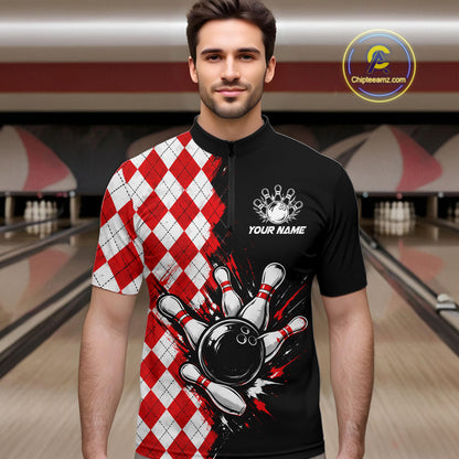 Retro Black Red Argyle Pattern Bowling Shirts For Men Custom Bowling Team Jerseys Bowler Outfits NBT1134