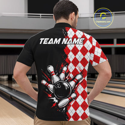 Retro Black Red Argyle Pattern Bowling Shirts For Men Custom Bowling Team Jerseys Bowler Outfits NBT1134