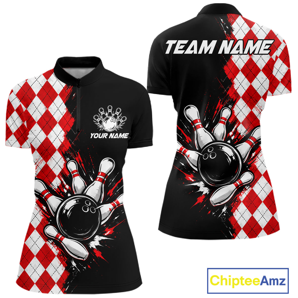 Retro Black Red Argyle Pattern Bowling Shirts For Women Custom Bowling Team Jerseys Bowler Outfits NBT1134
