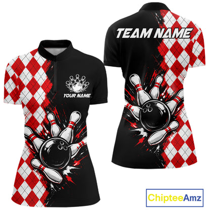 Retro Black Red Argyle Pattern Bowling Shirts For Women Custom Bowling Team Jerseys Bowler Outfits NBT1134