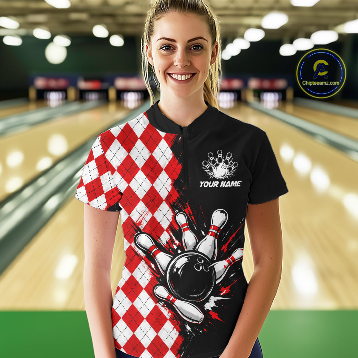 Retro Black Red Argyle Pattern Bowling Shirts For Women Custom Bowling Team Jerseys Bowler Outfits NBT1134