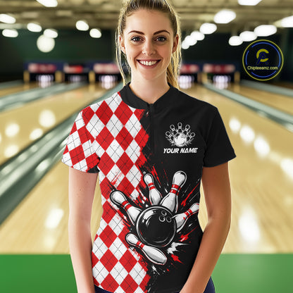 Retro Black Red Argyle Pattern Bowling Shirts For Women Custom Bowling Team Jerseys Bowler Outfits NBT1134