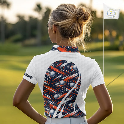 Womens Golf Polo Shirts Custom Black And Orange Golf Ball Pattern Golf Attire For Ladies, Golfer Gifts NBT573